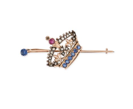 NO RESERVE - AN ANTIQUE SAPPHIRE, RUBY AND DIAMOND CROWN BAR BROOCH in yellow gold and silver, designed as the Imperial Crown