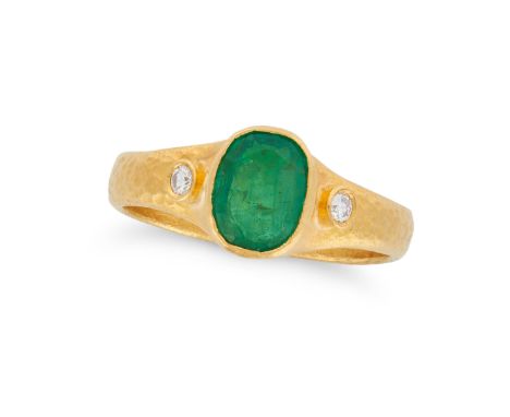 AN EMERALD AND DIAMOND THREE STONE RING set with a cushion cut emerald, accented on each side by a round brilliant cut diamon