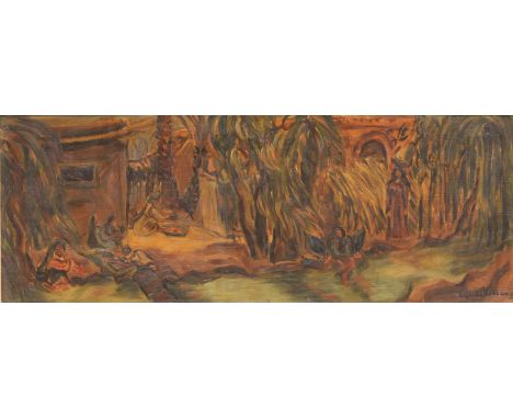 Inji Efflatoun (Egypt, 1924-1984)Village Scene oil on panel, framedsigned 'Inji Efflatoun' and dated '1955' (lower right), ex
