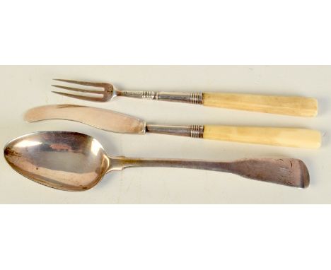 A rare child's knife and fork by Joseph Willmore with ivory handles, together with a Georgian spoon. 