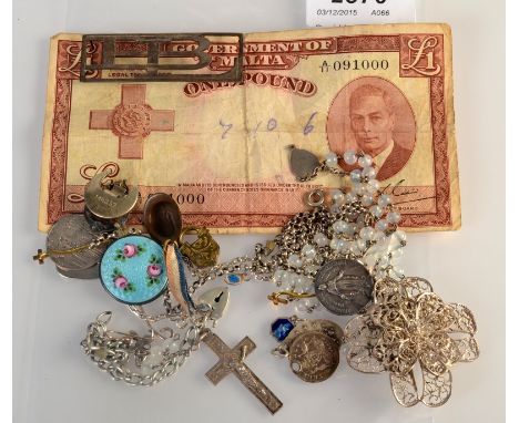 Silver filigree, an enamelled silver button etc together with a Maltese George VI one pound note, serial number A/11 091000.