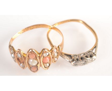 A Victorian 15ct. gold pearl and coral ring and one other gold ring.