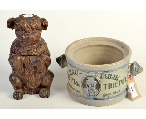 A continental dog pottery tobacco jar and a German stoneware Kau-Tabak Grimm & Triepel tobacco jar. 