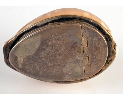 A 18th century cowrie shell snuff box, the silver mount inscribed to Mrs Forbes, from Mrs Erskine and with engraved armorial.