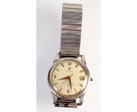An Omega stainless steel automatic gentleman's calendar wristwatch with ivory dial, gold Arabic numerals at the quarters and 