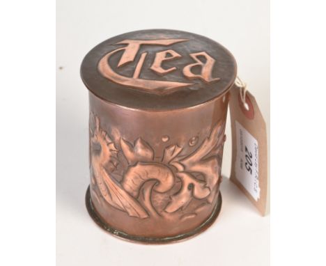 A Newlyn Copper circular tea caddy relief decorated with sea horses and shells amongst seaweed. Impressed Newlyn. Height 8cm,