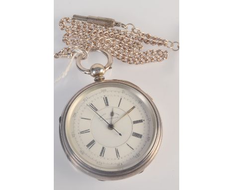 A large key wind, silver open face, centre seconds chronograph pocket watch with silver chain. Condition Report: Winds but do