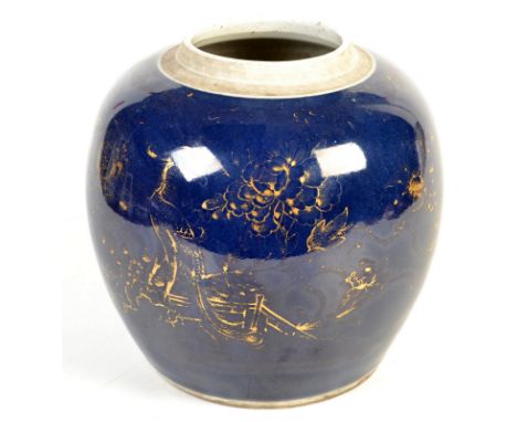 A Kangxi blue ground ginger jar with traces of gilt decoration. Height 20.5cm. Lacks lid.