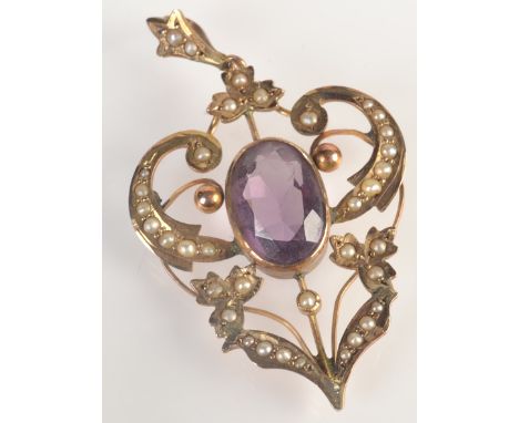 A gold Art Nouveau pendant, 9ct. set amethyst and small pearl.