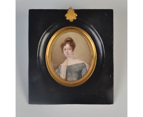 A good William IV oval portrait miniature, by J.R.Galland, showing a young lady, her hair in ringlets across one shoulder a d