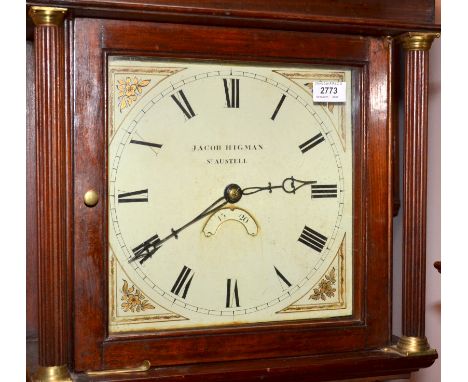 A George III walnut long case clock, the square dial with date arch and gilt floral painted corners by Jacob Higman St Austel
