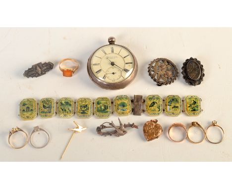 An Indo Persian painted mother of pearl panel bracelet, various gold rings and a silver cased pocket watch etc.