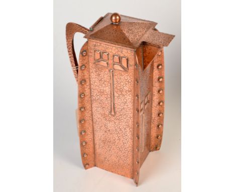 A Hayle, J. & F.Pool Copper square section winged hot water jug, relief decorated with geometric flowers, the hinged lid with