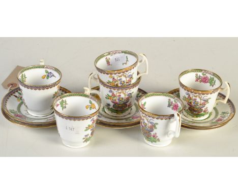 Six Spode Harrods retailed coffee cups and saucers in Old Bow pattern