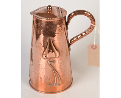 A Hayle, J. & F.Pool Copper conical hot water jug, relief decorated with stylised flowers, with a hinged lid and balled finia