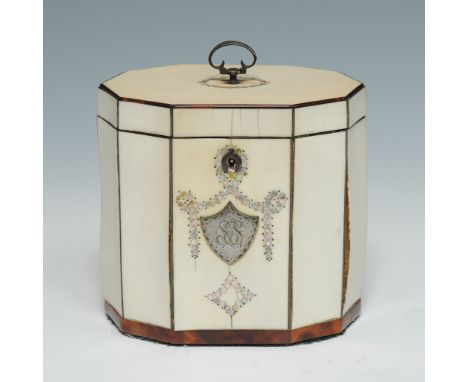 An ivory veneered, decagonal tea caddy, the front with an engraved silver shield within mother of pearl garlands, the hinged 