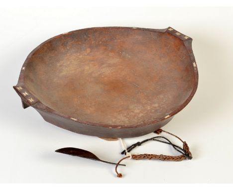 A Micronesian, western Pacific Palau Islands (Belau Republic) mother of pearl inlaid wood bowl with a tortoiseshell spoon, ti