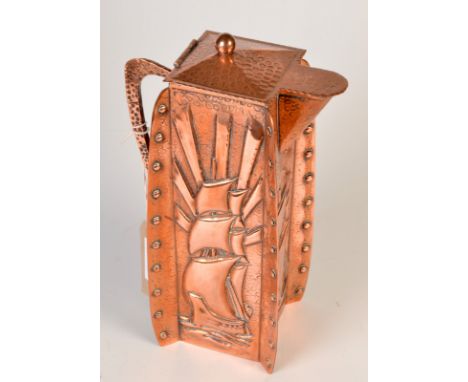 A Hayle, J. & F.Pool Copper square section winged hot water jug, relief decorated with a galleon to three of the sides, the h