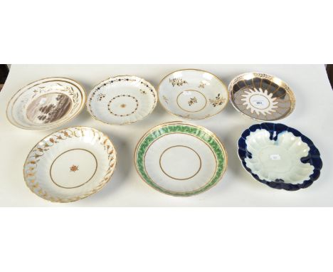 Seven 18th or 19th century English porcelain saucer dishes, Spode, Worcester and New Hall.