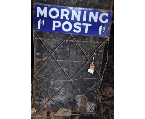An aluminium white on blue enamel sign advertising "Morning Post" 1d, 16.5 x 47cm, mounted on a wrought galvanised wire poste
