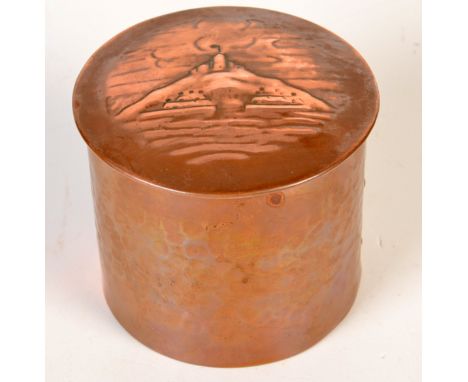A Newlyn Copper caddy the lid decorated with St Michaels Mount. Impressed Newlyn. Height 7.5cm. 