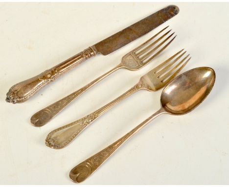A child's Victorian engraved spoon and fork, Exeter 1869, together with a Victorian child's knife and fork.