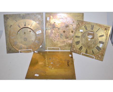 Long case brass clock dials and blanks including one by Troughton Penryn and Ino Gullock Roachford
