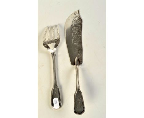 A Newcastle silver fish slice in fiddle and thread pattern with engraved blade, monogrammed and with angel crest, together wi