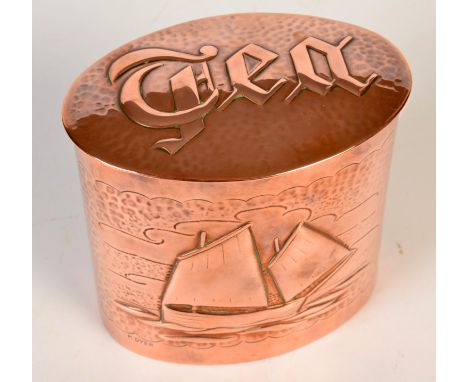 A Herbert Dyer Copper oval tea caddy relief decorated with a fish amongst seaweed to one side and a fishing lugger to the oth