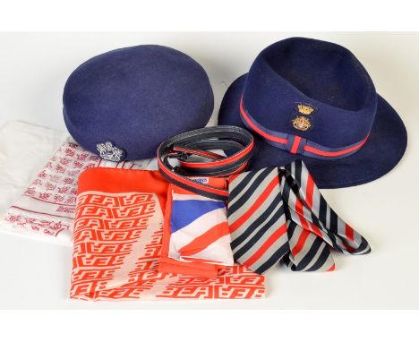 Two British Airways cabin staff hats, together with a related tie, belt etc. 