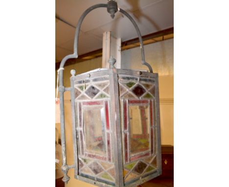 A Victorian hexagonal pendant brass and coloured, leaded glass hall lantern light fitting. Condition Report: 63cm tall