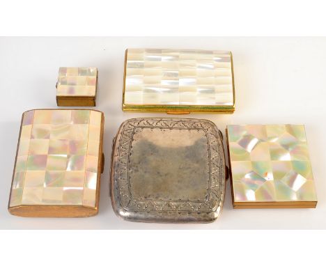 Four mother of pearl veneered boxes and one other, and a silver coloured metal cigarette case.