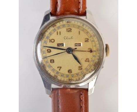 A gentleman's Club day date nickel plated wrist watch with sweep seconds.