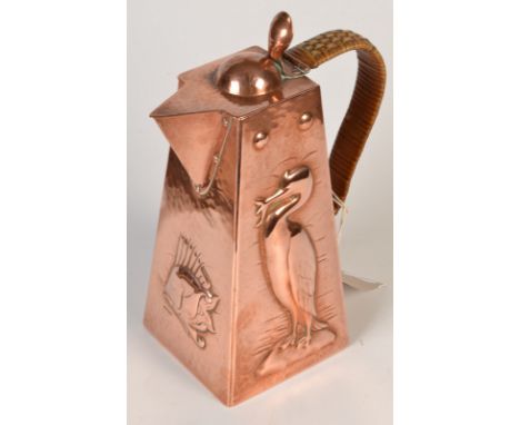 A Newlyn Copper square section jug relief decorated with two cormorants holding fish in their mouths, the hinged lid with thu