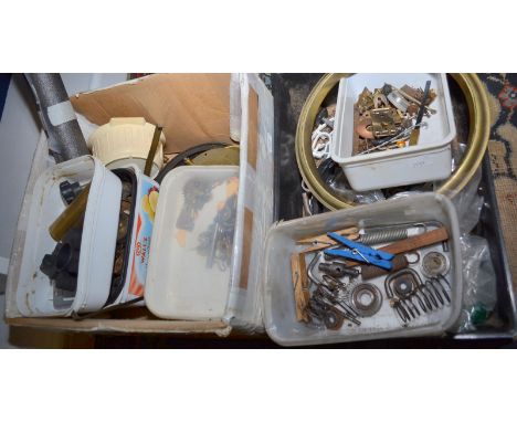 A box of clock repairers' tools, parts, keys etc.