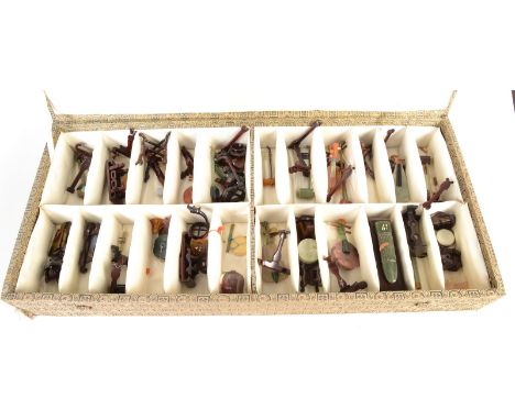 A collection of jade and other hardstone miniature models of Chinese musical instruments. Fitted case. Condition Report: Prob