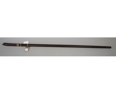 Hardwood colonial walking cane swordstick, brass locking collar, flat, single edged steel blade