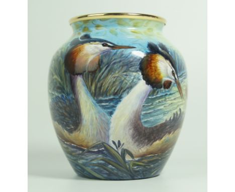 A modern Moorcroft limited edition enamel vasePainted to interior and exterior in the 'Grebes' pattern, numbered 6/25 and pri