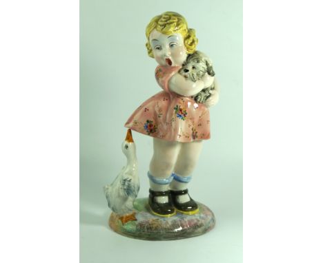 A post war Italian ceramic figure groupDepicting a young girl clutching her dog whilst being attacked by a duck, signed Italy