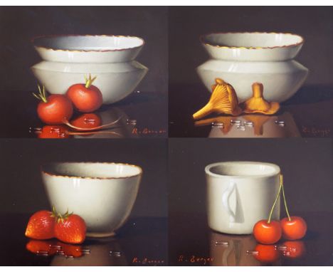 R Berger (Hungarian b. 1947) - 'Still Lifes'Set of four each depicting fruit next to a porcelain bowl, each signed, each with