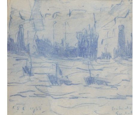 Attributed to Laurence Stephen Lowry RA (British, 1887-1976) - 'Trawler at Harbour Entrance' Sketch, bears initials and date,