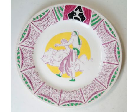 A Clarice Cliff Bizarre circular plate Designed by Laura Knight A.R.A, decorated with a circus performer with a lion within a