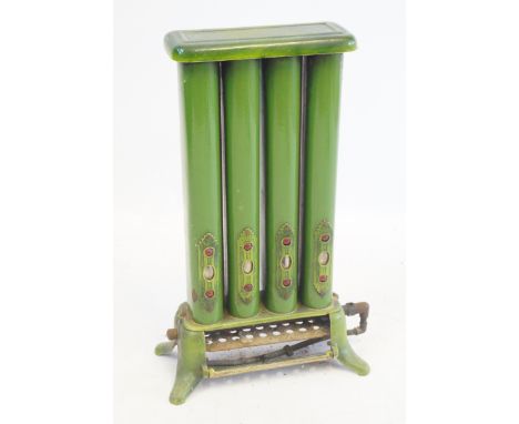 A Duplex green enamel radiator Having four oval heating tubes, embossed marks, height 70cm