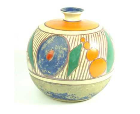 A Clarice Cliff Fantasque vase of bulbous formDecorated in the 'Fruit' pattern, gilt marks to base, height 16cm   CONDITION R