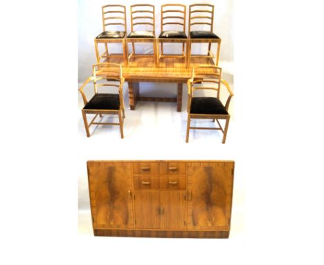 An Art Deco Heals of London walnut dining suiteHaving cross banded walnut, comprising extending table with one extra leaf, le