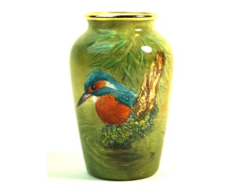 A modern Moorcroft enamel limited edition vase of cylindrical formDecorated in the 'Kingfisher' pattern, printed factory mark