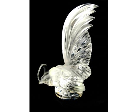A Lalique France clear and frosted glass model of a cockerelRelief decorated, original label and signed to base, height 20cm 