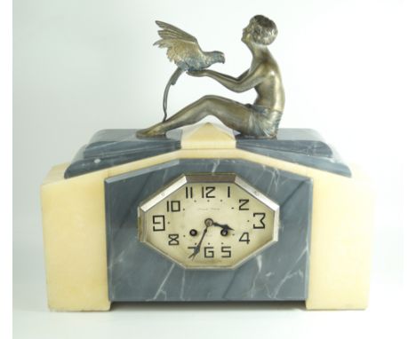 A French Art Deco alabaster and marble mantle clock Having applied spelter figure depicting a semi-nude girl seated holding a