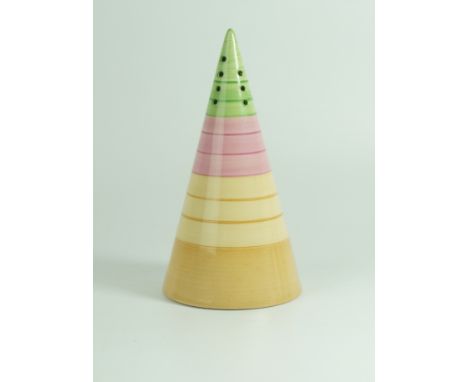 A Clarice Cliff Bizarre conical sugar shakerPainted with bands of green, pink and beige colours, factory marks and cork to ba