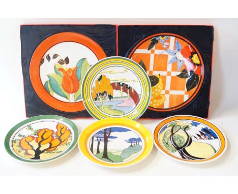 Six various Wedgwood after Clarice Cliff chargers and platesVarious sizes and patterns to include Orange Erin, Blue firs, Sol